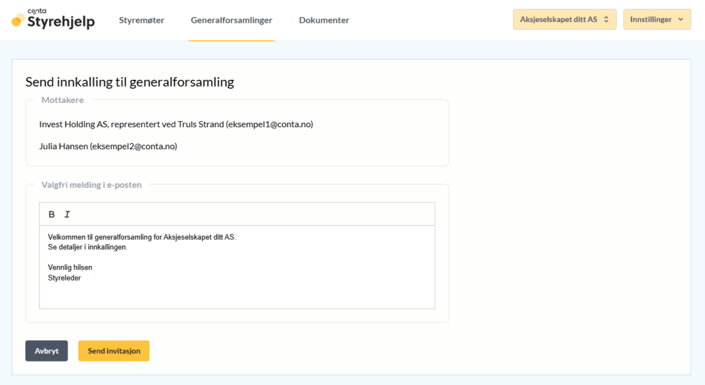 sende innkalling generalforsamling